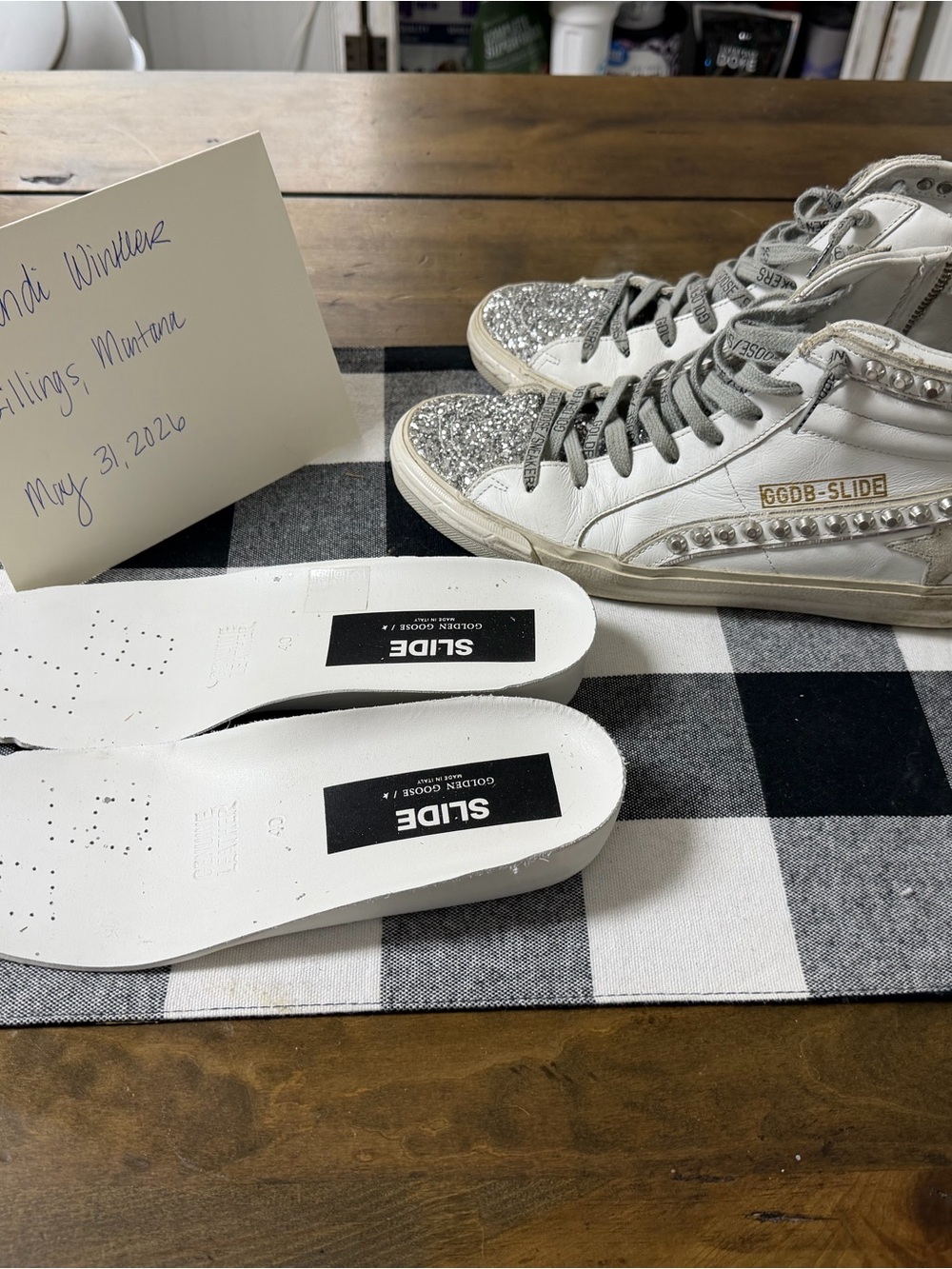 Golden Goose White High-Top Sneakers with Silver Glitter Toe and Gold Plaque